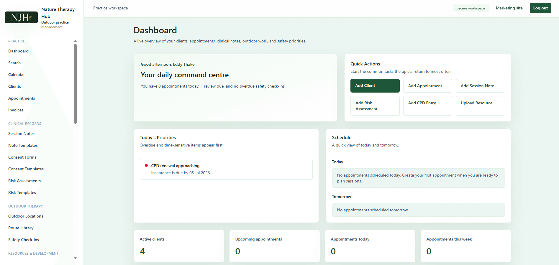 Nature Therapy Hub Practice Hub dashboard showing appointments, quick actions, safety items and practice overview.